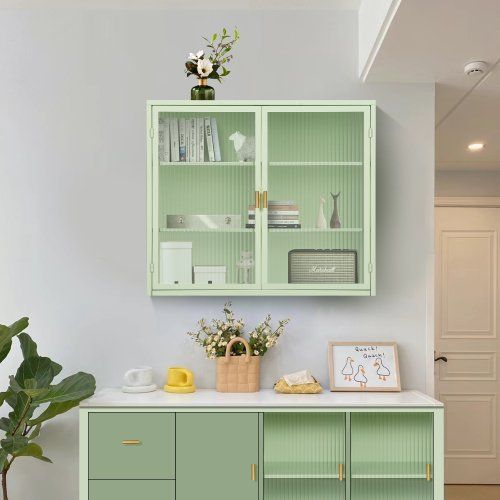 Modern Double Door Wall Cabinet With Glass Door With Three Levels Of Storage For Entrance Living Room, Bathroom, Dining Room, Mint Green Unavailable P Modern Double Door Wall Cabinet With Glass Door With Three Levels Of Storage For Entrance Living Room, Bathroom, Dining Room, Mint Green Unavailable P
