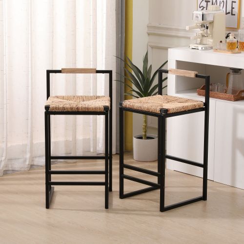 Set of 2 Water Hyacinth Woven Bar Stools with Back Support Counter Height Dining Chairs for Kitchen, Home, Office (Water Hyacinth with Back) Set of 2 Water Hyacinth Woven Bar Stools with Back Support Counter Height Dining Chairs for Kitchen, Home, Office (Water Hyacinth with Back)