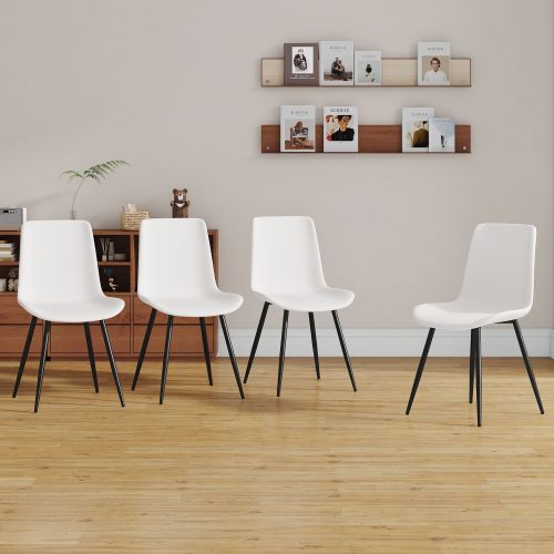 White artificial leather backrest cushion dining chair, black metal legs, curved widened cushion design for more comfort, suitable for restaurants