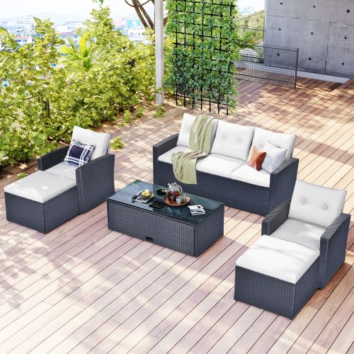 GO 6-piece All-Weather Wicker PE rattan Patio Outdoor Dining Conversation Sectional Set with coffee table, wicker sofas, ottomans GO 6-piece All-Weather Wicker PE rattan Patio Outdoor Dining Conversation Sectional Set with coffee table, wicker sofas, ottomans
