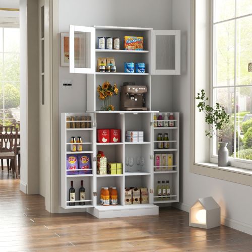 71'' Pantry Cabinet, Tall Storage Cabinet with Microwave Stand, Freestanding Kitchen Hutch with Doors and Adjustable Shelves