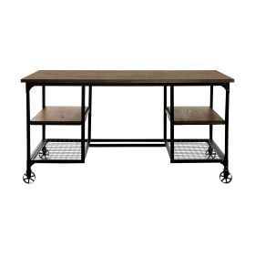 Modern Traditional Aesthetic 1pc Writing Desk with 4x Shelves Metal Casters Natural Finish and Rustic Black Metal Finish
