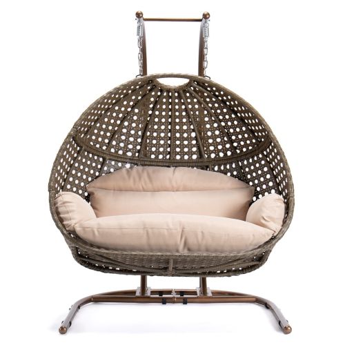 Brown Wicker Hanging Double-Seat Swing Chair with Stand w/Beige Cushion Brown Wicker Hanging Double-Seat Swing Chair with Stand w/Beige Cushion