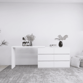 Extended Desktop 6 Drawers Chest Of Drawer Without Handle White Color Vanity (Color: White)