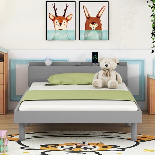 Modern Design Twin Size Platform Bed Frame With Built-in USB For White Washed Color